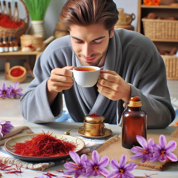 فردی با لباس خاکستری در حال نوشیدن چای زعفران در محیطی صمیمی با گل‌های نارنجی و رشته های زعفران