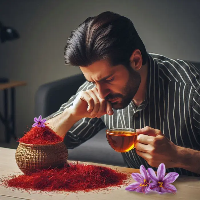 تصویری از فردی افسرده که در حال نوشیدن چای زعفران است، به همراه سبدی از رشته‌های زعفران و گل‌های بنفش روی میز